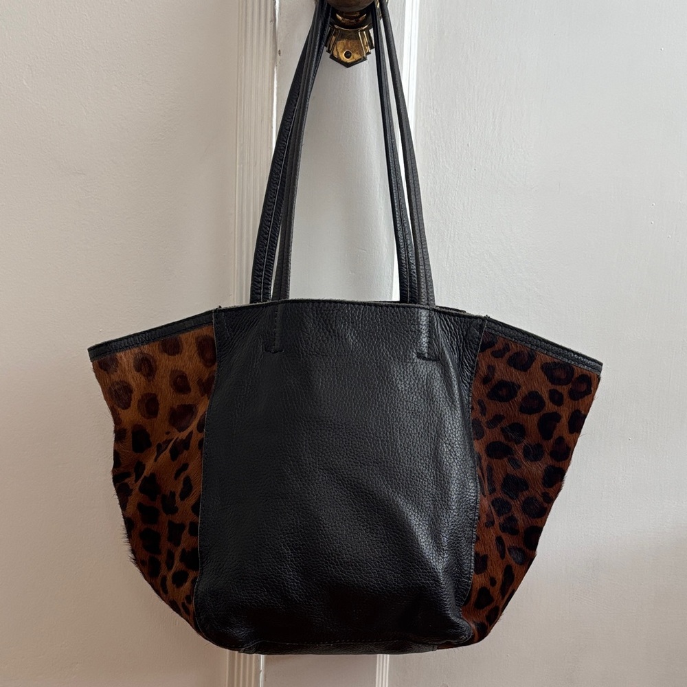 Cleobella Leopard Calf Hair Black Leather Tote Bag